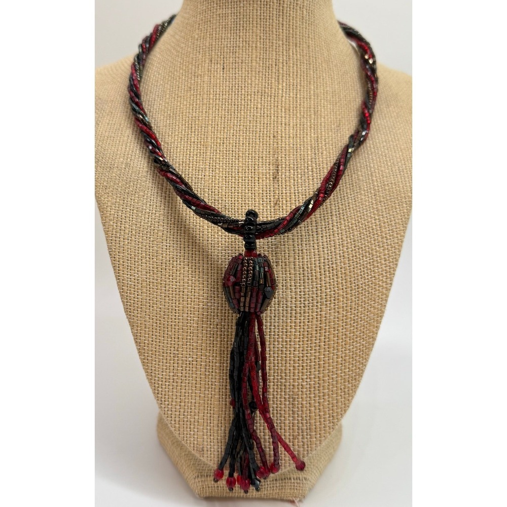 Red and Black Beaded Tassel Necklace Pliable Necklace Unbranded
